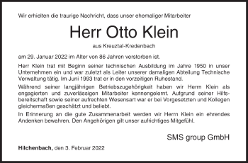 Traueranzeige von Otto Klein von Siegener Zeitung