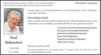 Traueranzeige von Paul Bettendorf von Siegener Zeitung