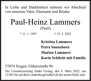 Traueranzeige von Paul-Heinz Lammers von Siegener Zeitung