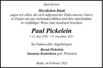 Traueranzeige von Paul Pickelein von Siegener Zeitung