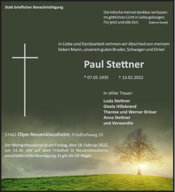 Traueranzeige von Paul Stettner von Siegener Zeitung
