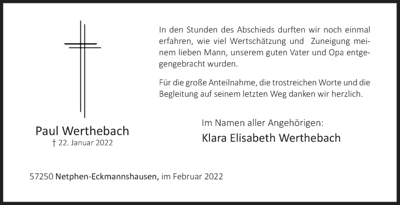  Traueranzeige für Paul Werthebach vom 26.02.2022 aus Siegener Zeitung