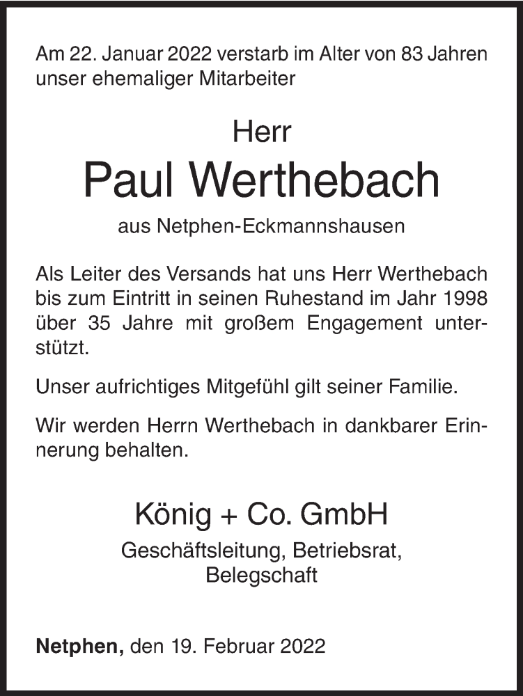  Traueranzeige für Paul Werthebach vom 19.02.2022 aus Siegener Zeitung