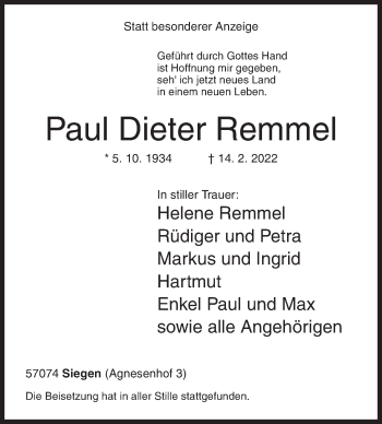 Traueranzeige von Paul Dieter Remmel von Siegener Zeitung