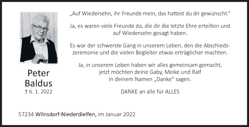  Traueranzeige für Peter Baldus vom 08.02.2022 aus Siegener Zeitung