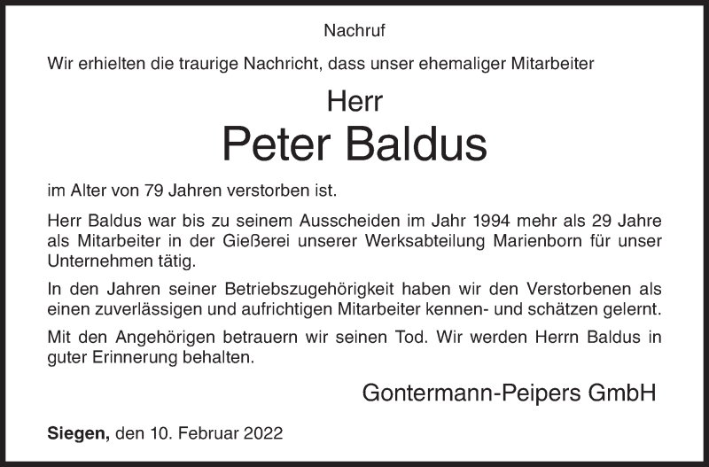  Traueranzeige für Peter Baldus vom 10.02.2022 aus Siegener Zeitung