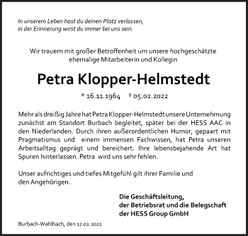 Traueranzeige von Petra Klopper-Helmstedt von Siegener Zeitung