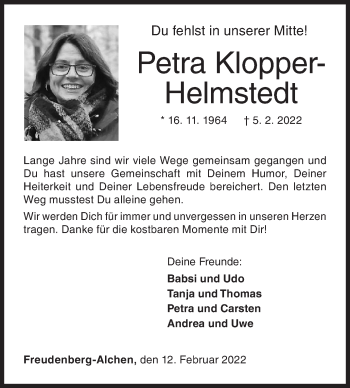 Traueranzeige von Petra Klopper-Helmstedt von Siegener Zeitung