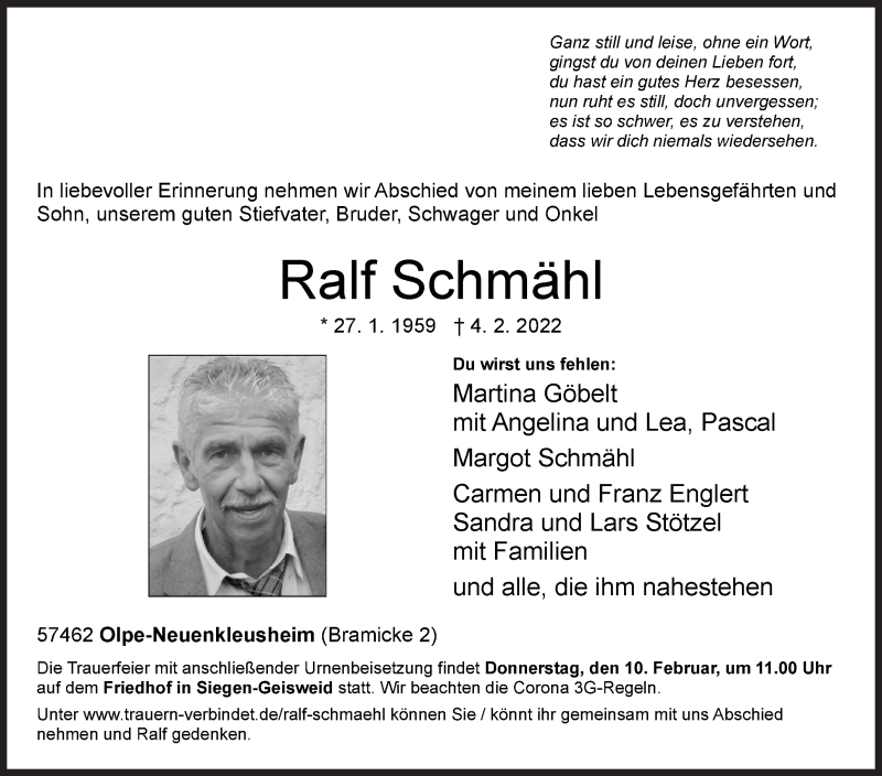  Traueranzeige für Ralf Schmähl vom 07.02.2022 aus Siegener Zeitung