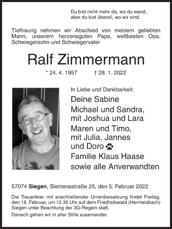 Traueranzeige von Ralf Zimmermann von Siegener Zeitung