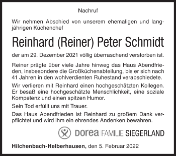 Traueranzeige von Reinhard Schmidt von Siegener Zeitung