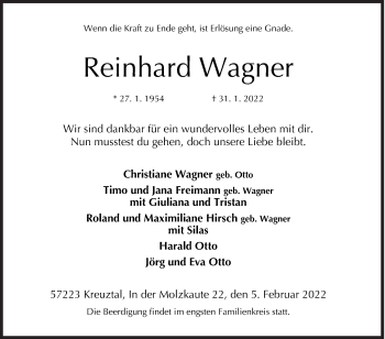 Traueranzeige von Reinhard Wagner von Siegener Zeitung