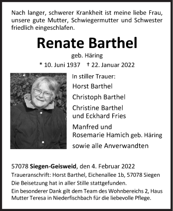 Traueranzeige von Renate Barthel von Siegener Zeitung