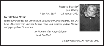 Traueranzeige von Renate Barthel von Siegener Zeitung