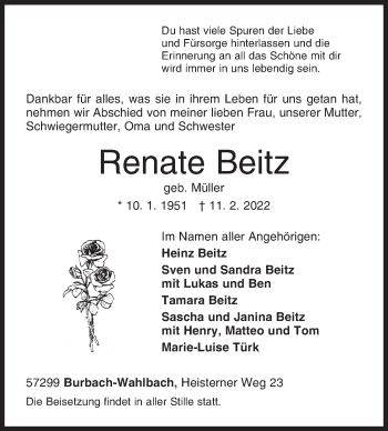 Traueranzeige von Renate Beitz von Siegener Zeitung