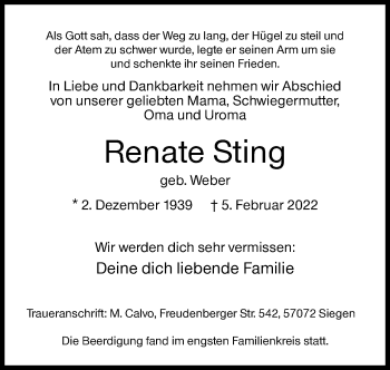 Traueranzeige von Renate Sting von Siegener Zeitung