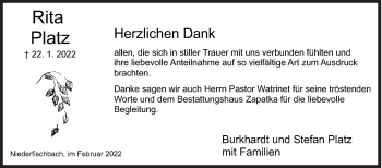 Traueranzeige von Rita Platz von Siegener Zeitung