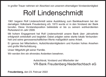 Traueranzeige von Rolf Lindenschmidt von Siegener Zeitung