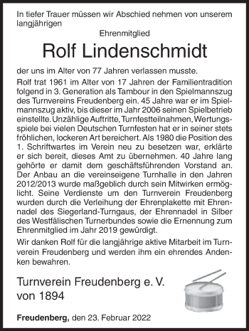 Traueranzeige von Rolf Lindenschmidt von Siegener Zeitung