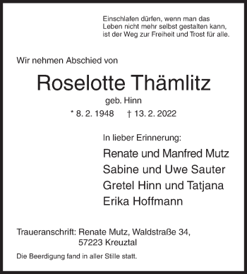 Traueranzeige von Roselotte Thämlitz von Siegener Zeitung