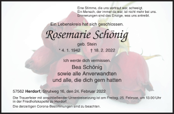 Traueranzeige von Rosemarie Schönig von Siegener Zeitung