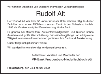 Traueranzeige von Rudolf Alt von Siegener Zeitung
