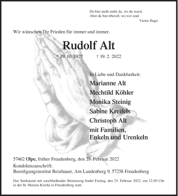 Traueranzeige von Rudolf Alt von Siegener Zeitung