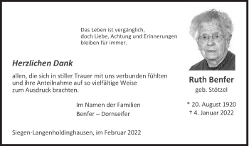 Traueranzeige von Ruth Benfer von Siegener Zeitung