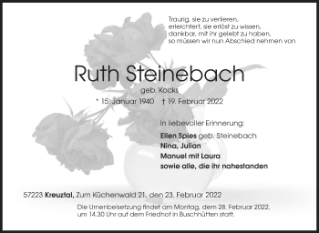 Traueranzeige von Ruth Steinebach von Siegener Zeitung
