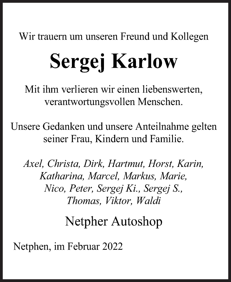  Traueranzeige für Sergej Karlow vom 17.02.2022 aus Siegener Zeitung