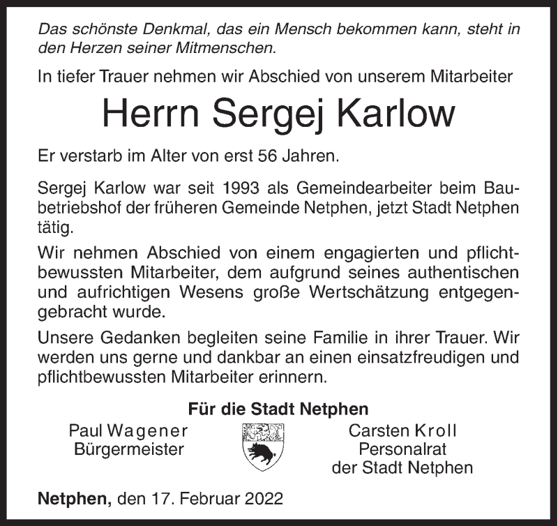  Traueranzeige für Sergej Karlow vom 17.02.2022 aus Siegener Zeitung