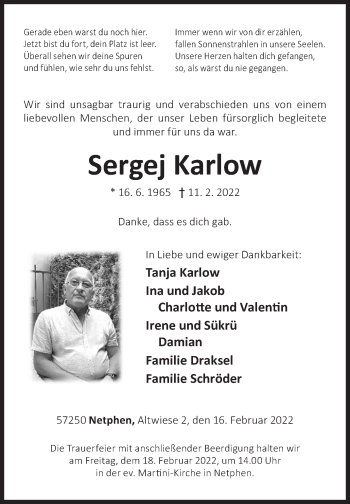 Traueranzeige von Sergej Karlow von Siegener Zeitung