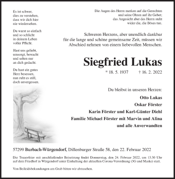 Traueranzeige von Siegfried Lukas von Siegener Zeitung