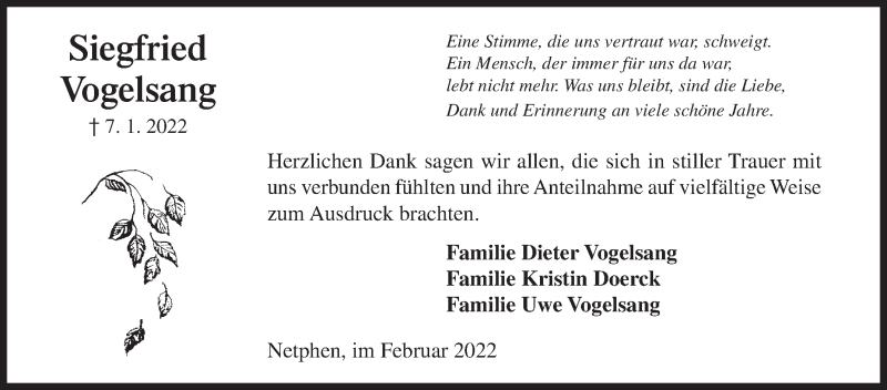  Traueranzeige für Siegfried Vogelsang vom 26.02.2022 aus Siegener Zeitung