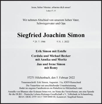 Traueranzeige von Siegfried Joachim Simon von Siegener Zeitung