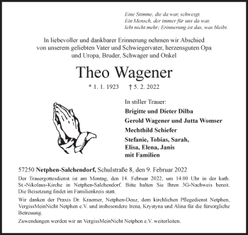 Traueranzeige von Theo Wagener von Siegener Zeitung