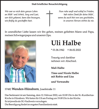Traueranzeige von Uli Halbe von Siegener Zeitung