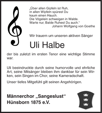 Traueranzeige von Uli Halbe von Siegener Zeitung