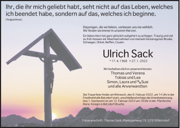 Traueranzeige von Ulrich Sack von Siegener Zeitung