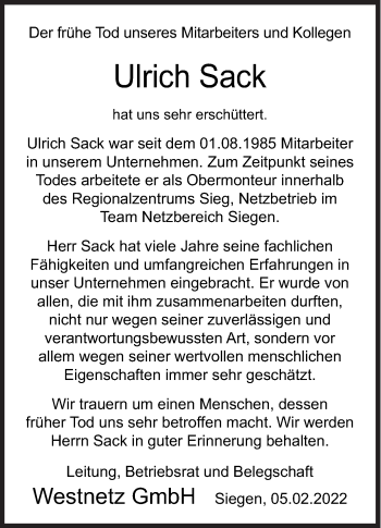 Traueranzeige von Ulrich Sack von Siegener Zeitung
