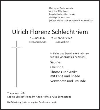 Traueranzeige von Ulrich Florenz Schlechtriem von Siegener Zeitung