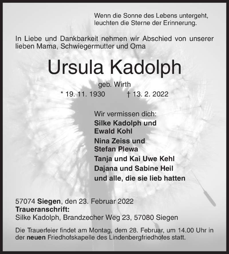  Traueranzeige für Ursula Kadolph vom 23.02.2022 aus Siegener Zeitung