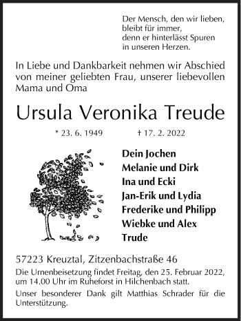 Traueranzeige von Ursula Veronika Treude von Siegener Zeitung