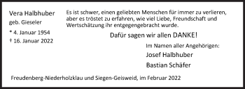 Traueranzeige von Vera Halbhuber von Siegener Zeitung
