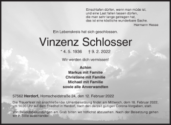 Traueranzeige von Vinzenz Schlosser von Siegener Zeitung