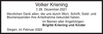 Traueranzeige von Volker Kriening von Siegener Zeitung