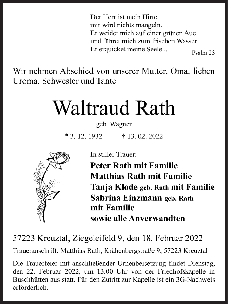  Traueranzeige für Waltraud Rath vom 18.02.2022 aus Siegener Zeitung