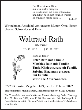 Traueranzeige von Waltraud Rath von Siegener Zeitung
