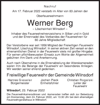 Traueranzeige von Werner Berg von Siegener Zeitung