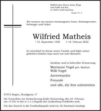 Traueranzeige von Wilfried Matheis von Siegener Zeitung